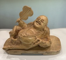 Vintage Happy Laugh Maitreya Buddha, 3 Piece hand carved wooden statue On Stand