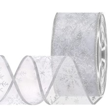 Silver Wired Christmas Ribbon - Snowflake Sheer Glitter Ribbon for Christmas ...