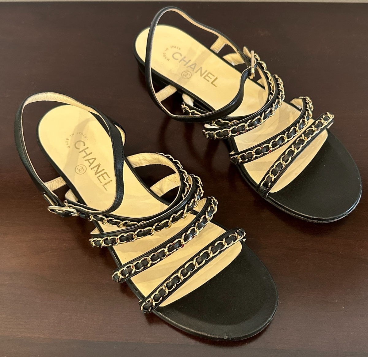 Chanel Black Leather CC Logo Chain Strap Women's Sandals Sz 40