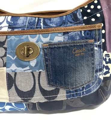 バッグ COACH Denim Patchwork Ergo Signature Coach Patchwork Denim Leather Suede Hobo Shoulder Bag Ergo XL