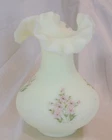 Vintage Fenton 7" Yellow Custard Signed Hand Painted Ruffled Vase w/Pink Flowers