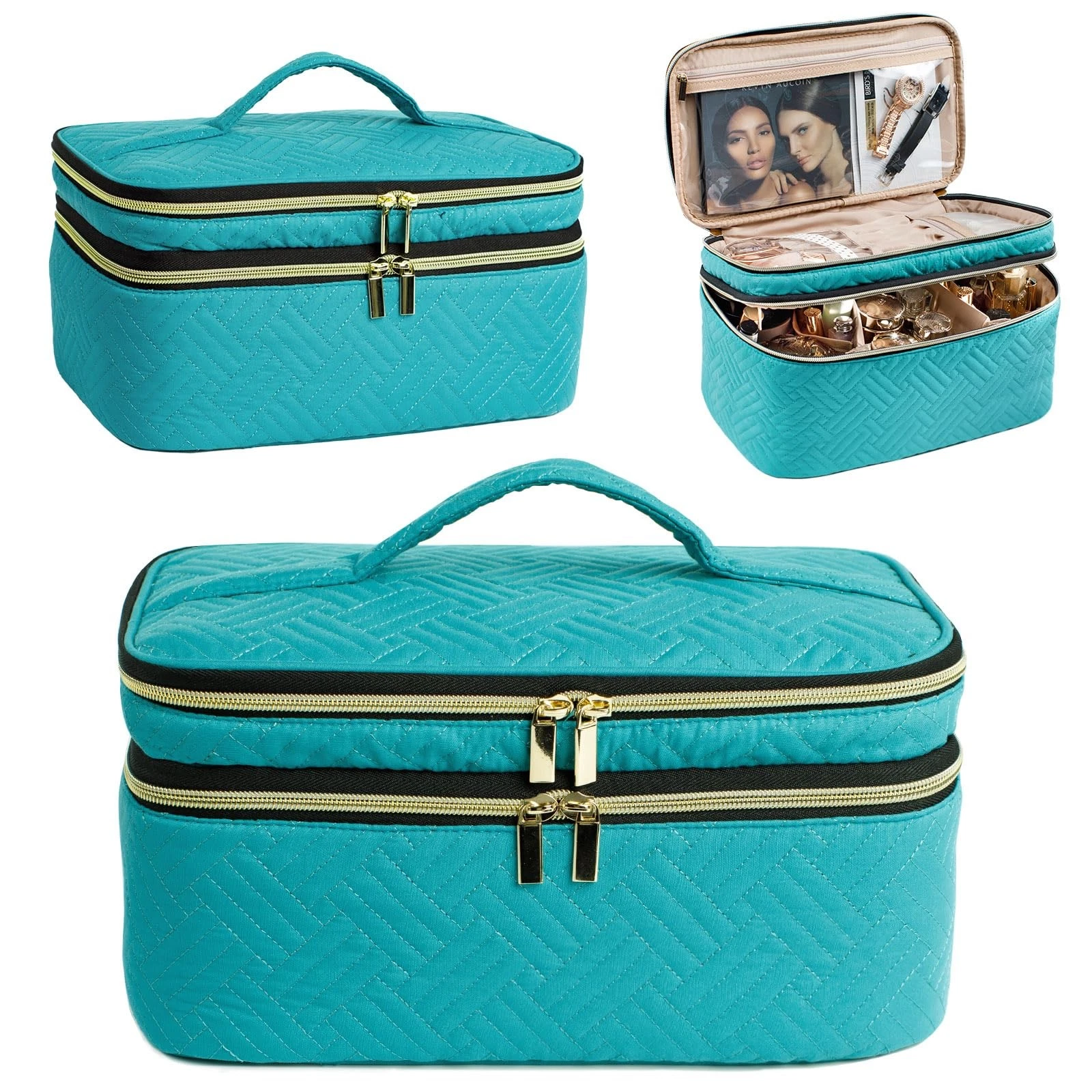 Large Makeup Bag, Travel Makeup Bag Organizer, Double Layer Train Case Makeup...