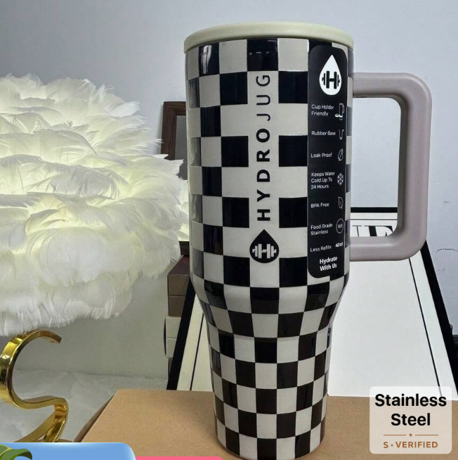 Hydrojug 40 Oz Black White Checkered With Handle & Flip Straw