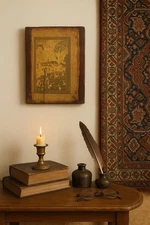 Persian 1940s Painting Wood Panel Court Scene, 11.5x15”