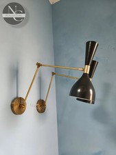 Mid Century Italian Brass Wall Sconce Black Lighting Pair - 1950s Stilnovo Style
