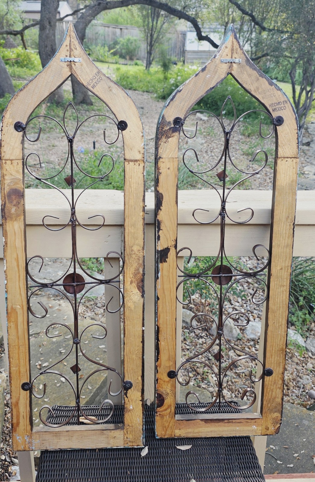 SET OF 2 Distressed Turquoise Window Wood Iron 36" x 11.75" Panels Wall Hangings