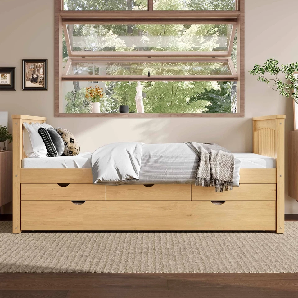 Cama de plataforma doble con cajones y nido, sofá cama de madera maciza, sin caja de resorte Foto 3 de 4