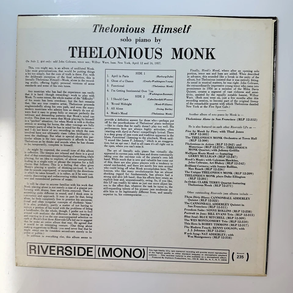 Himself Solo Piano Record Vinyl Thelonious Monk Riverside RLP 12-235 Mono - Image 2 of 4