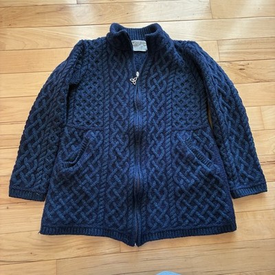 Aran Sweater Womens Full Zip Blue Merino Wool Cable Knit Ireland Sz Med Cardigan