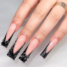  Press on Nails - Long Square Fake Nails with Black French Tip, 05914Black