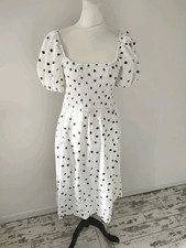 New Look Midi Dress 12 White Black Casual Short Sleeve Milkmaid Summer Polka Dot
