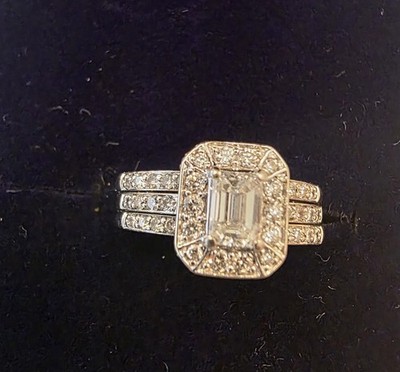 14k White Gold Emerald Cut Diamond Halo Engagement & Wedding Ring Set 1.1/2 Cts