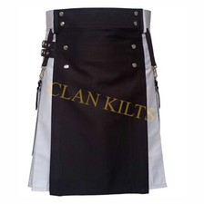 Scottish Traditional Black and White Utility Hybrid Handmade Kilt For Men Custom