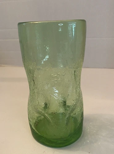 Vintage Blenko Emerald Green Crackle Dimple Glass 6” Tumbler