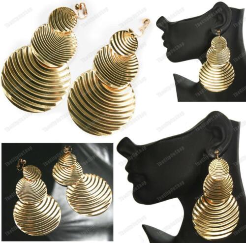 CLIP ON 4.5"long 11cm BIG CORRUGATED TRIPLE DISC RETRO EARRINGS gold/silver tone - Picture 1 of 15