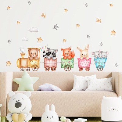 Cute Cartoon Animals Train Wall Sticker Kids Room Baby Nursery Interior Decal
