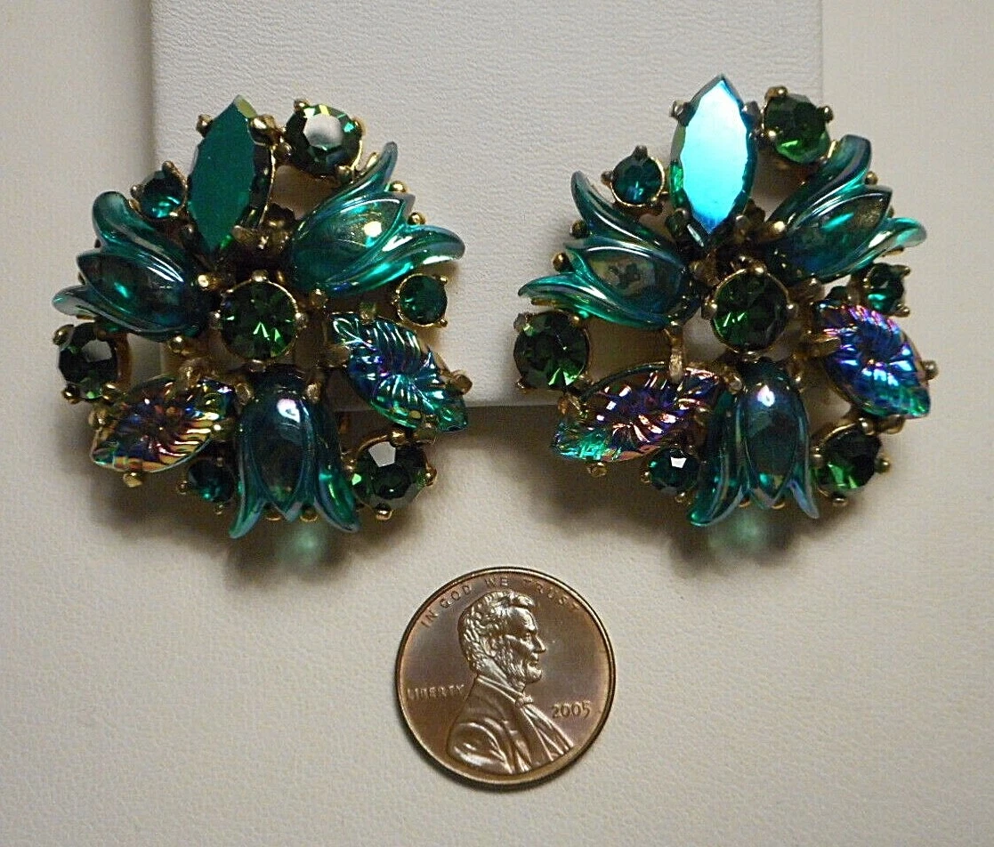 Schiaparelli Iridescent Green Blue Rhinestone Earrings w Carved