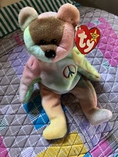 1996 Ty Beanie PEACE Bear Tie-Dye RARE Only One Brown Face Tri-Color Tag Errors