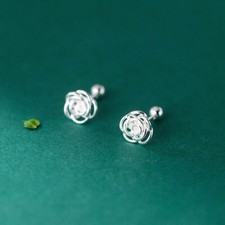 925 Sterling Silver Stud Rose Flower Screw Back Earrings A1568