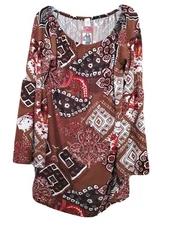 Win Win Knit Brown Paisley Bell Sleeve Tunic Size L-XL NWT