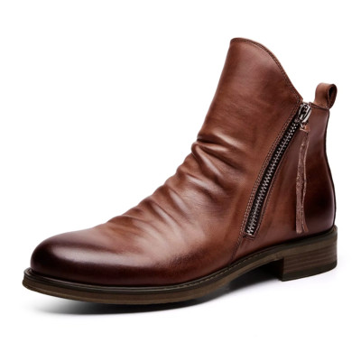 Men's US 8-13 Ankle Chelsea Boots Double Side Zipper Faux Leather Shoes Brown Ca