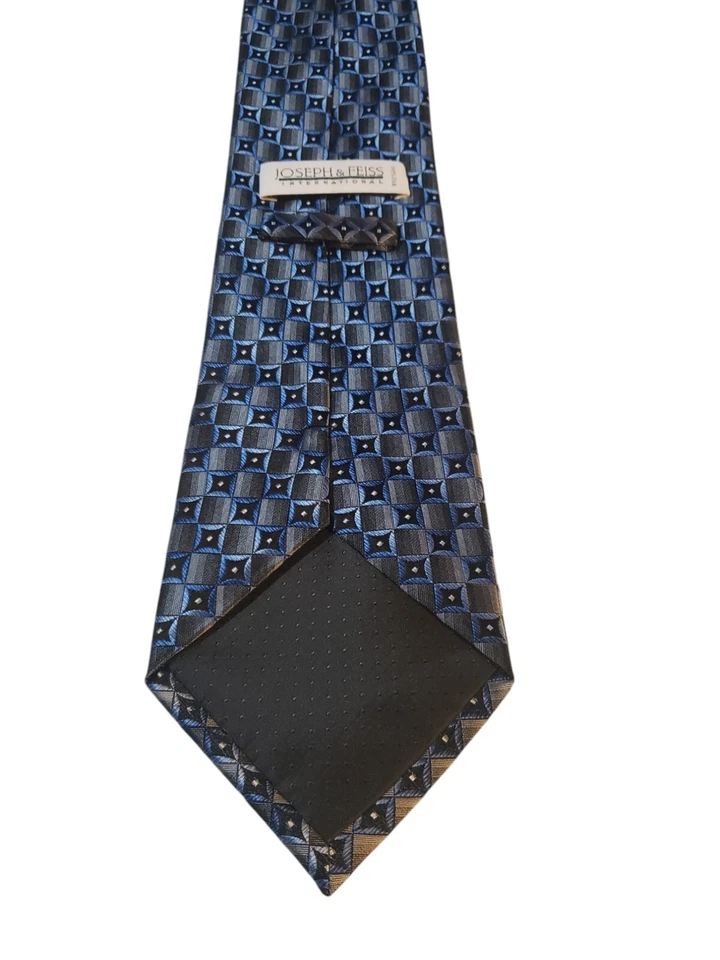 Gravata masculina Joseph & Feiss designer luxo prata azul preta geométrica - Imagem 4 de 4