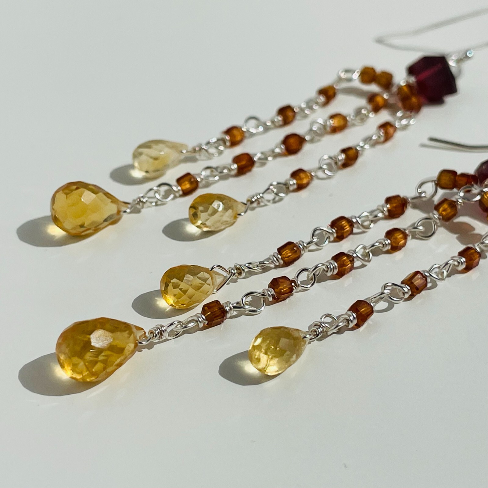 Boucles d'oreilles argent massif serties de citrine et grenat hessonite véritable #1548