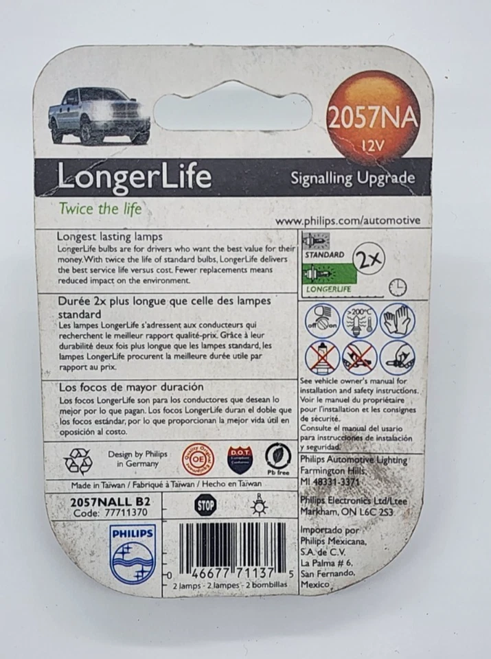 Philips 2057NALLB2 Bombilla de luz de señal de giro ámbar de larga duración 2057 - PACK DE 2 Foto 2 de 3