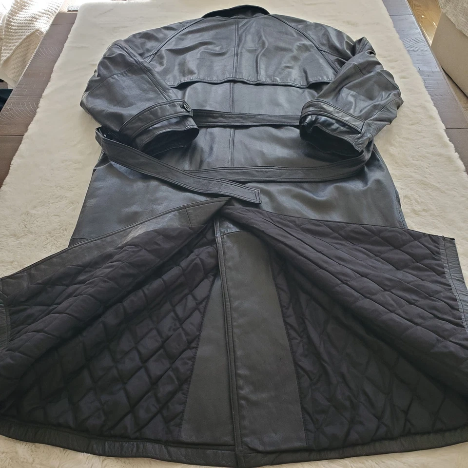 Vintage LINEAGE 90' Black Heavy Insulated Leather Long Men's Trench Coat Sz XL - Image 4 of 4