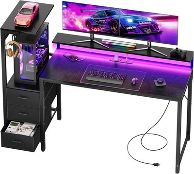 Gaming Computer Desk with Led Lights & Outlets, Home Office Desk with Shelves