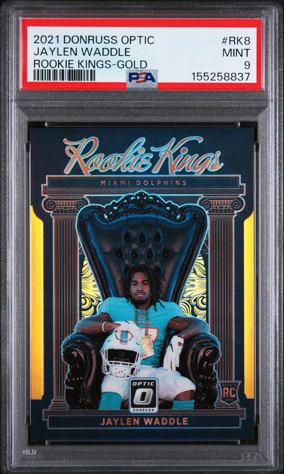 2021 Panini Donruss Optic Jaylen Waddle #RK-8 Rookie Kings Gold # 5/10 PSA 9 RC