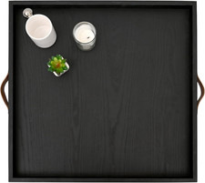 Extra Large 24x24" Square Wood Ottoman Tray with Leather Handles - Natural