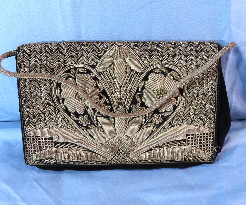 Bolso sin asas de terciopelo negro bordado alambre dorado Zari Zardozi DECORACIÓN PERSA de colección Foto 2 de 4