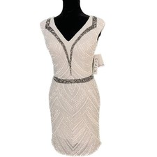 Scala Hand Beaded Cocktail Dress White Silver Sequins Formal Women s Size 4