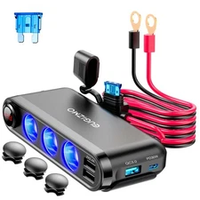 12V 200W Car Charger Adapter, 3-Socket Cigarette Lighter Splitter with Eyelet...