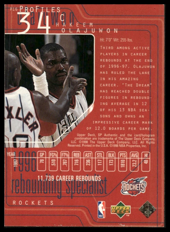 1997-98 SP Authentic #P16 Hakeem Olajuwon ProFiles Level 1 [GOATCARDS] - Image 2 of 2