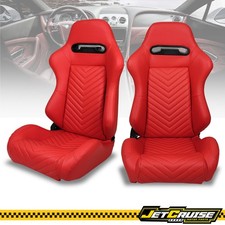 Universal Pair Reclinable Racing Seats Dual Slider Red Pu Leather V Stitch Universal Pair Reclinable Racing Seats Dual Slider Red Pu Leather V Stitch
