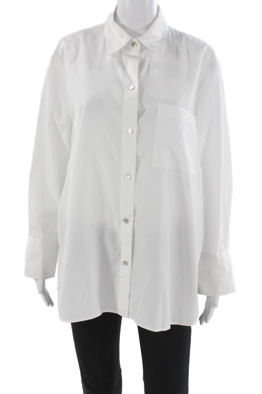 Vince Unisex Point Collar Cotton Button-Up White Long Sleeve Shirt Size L