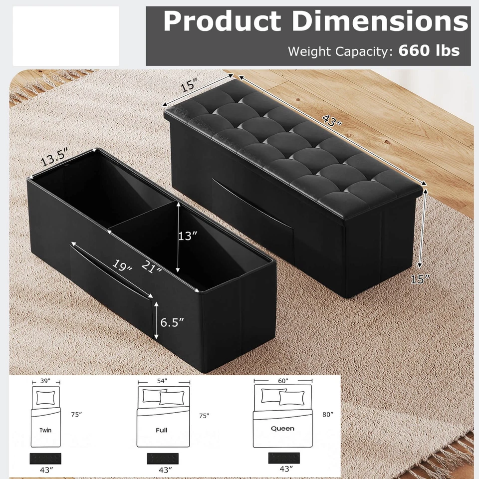 Costway 45"x15"x15" Large Folding Storage Faux Leather Ottoman Pouffe Box Stool - Image 2 of 4