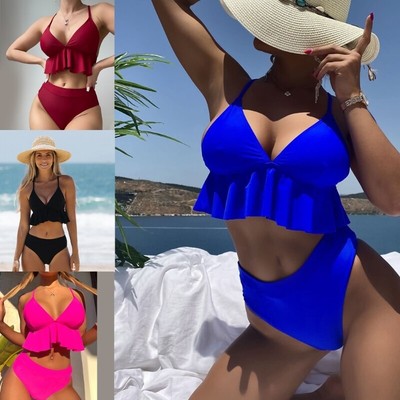 Womens Ruffled Bikinis Two-Pieces Solid Color Bikinis Sexy V-neck Bathing Suits