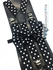 Black w/ White Dot Bow Tie And Suspender Matching Set Tuxedo Wedding Party