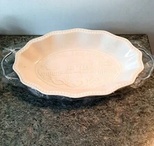 Bless This House White Oval Scalloped Serving Dish with Carrier Sienna Godinger