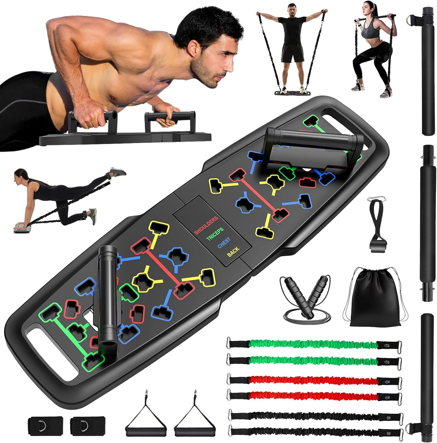 Portable Home Gym Set: Push Up Board, Pilates Bar & Resistance Bands