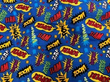 JOANN - SUPERHERO ACTION WORDS ON ROYAL BLUE COTTON, 44" W-- 1 1/4 YARD