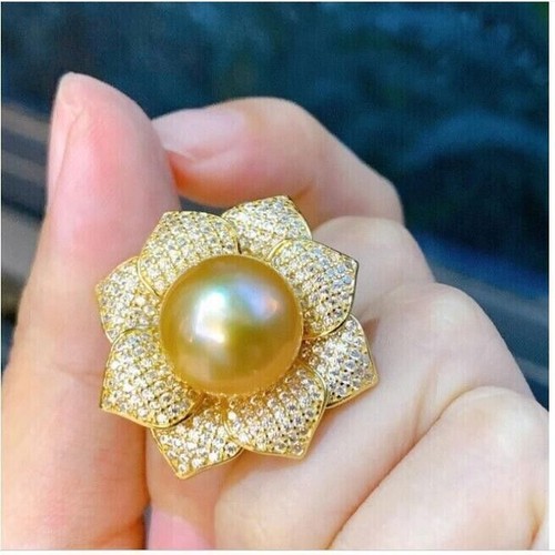 Gorgeous Huge AAA 12-13mm Genuine Natural South Sea Golden Stud Pearl Ring 925s - Picture 4 of 6