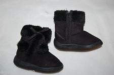 Toddler Baby Girls BLACK MOCK SUEDE BOOTS Faux Fur Trim POM POMS Zipper Sides 6