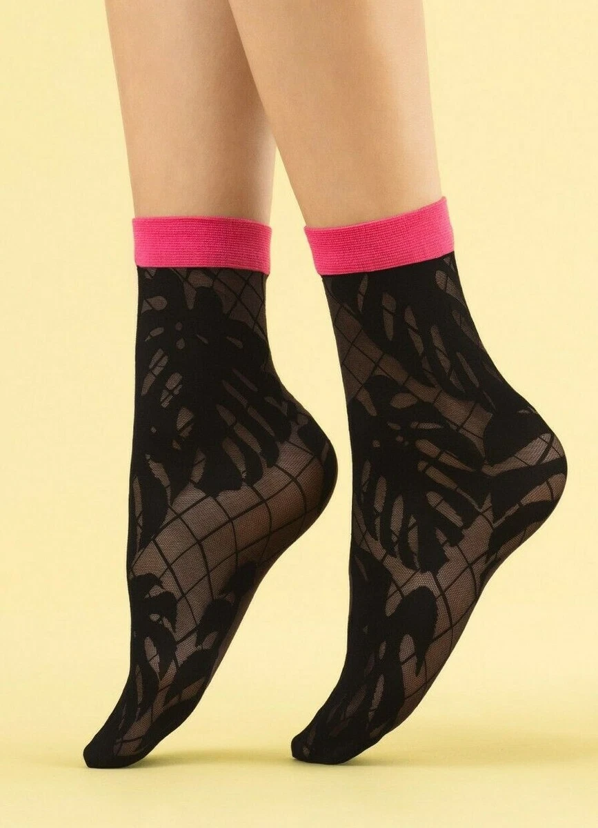 Fiore Ankle Socks PINK MONSTERA Sheer leaf pattern Palm tree