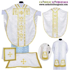 New White Chasuble St. Philip Neri Style vestment & mass set 5 pc IHS Embroidery