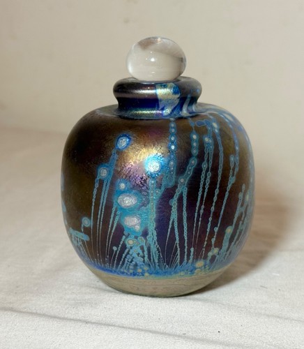 Botella de perfume iridiscente de vidrio arte estudio soplado a mano Robert Eickholt vintage - Imagen 3 de 10