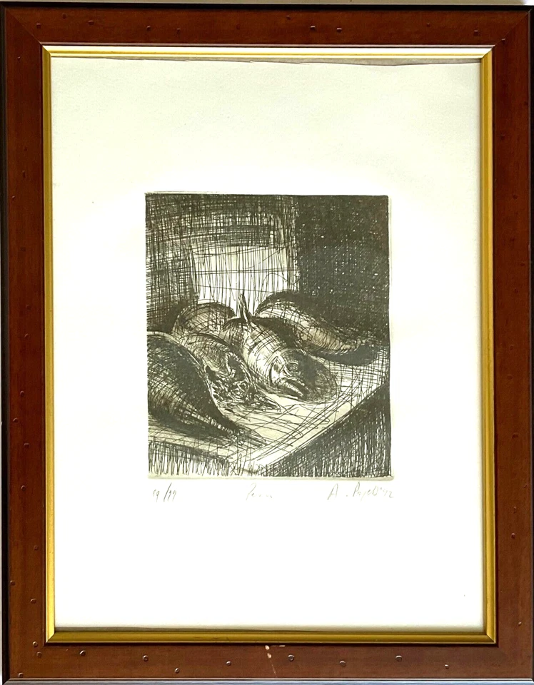 Incisione ALESSANDRO PAPETTI natura morta pesci arte contemporanea 46x36cm - Immagine 2 di 4